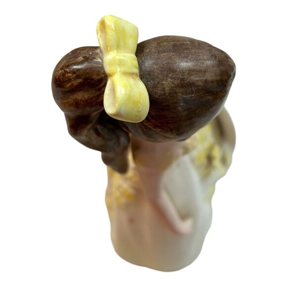 Vintage Lefton Girl Planter‎ Brunette with Bow  Dress W/Yellow Flowers & Hat - Picture 4 of 7